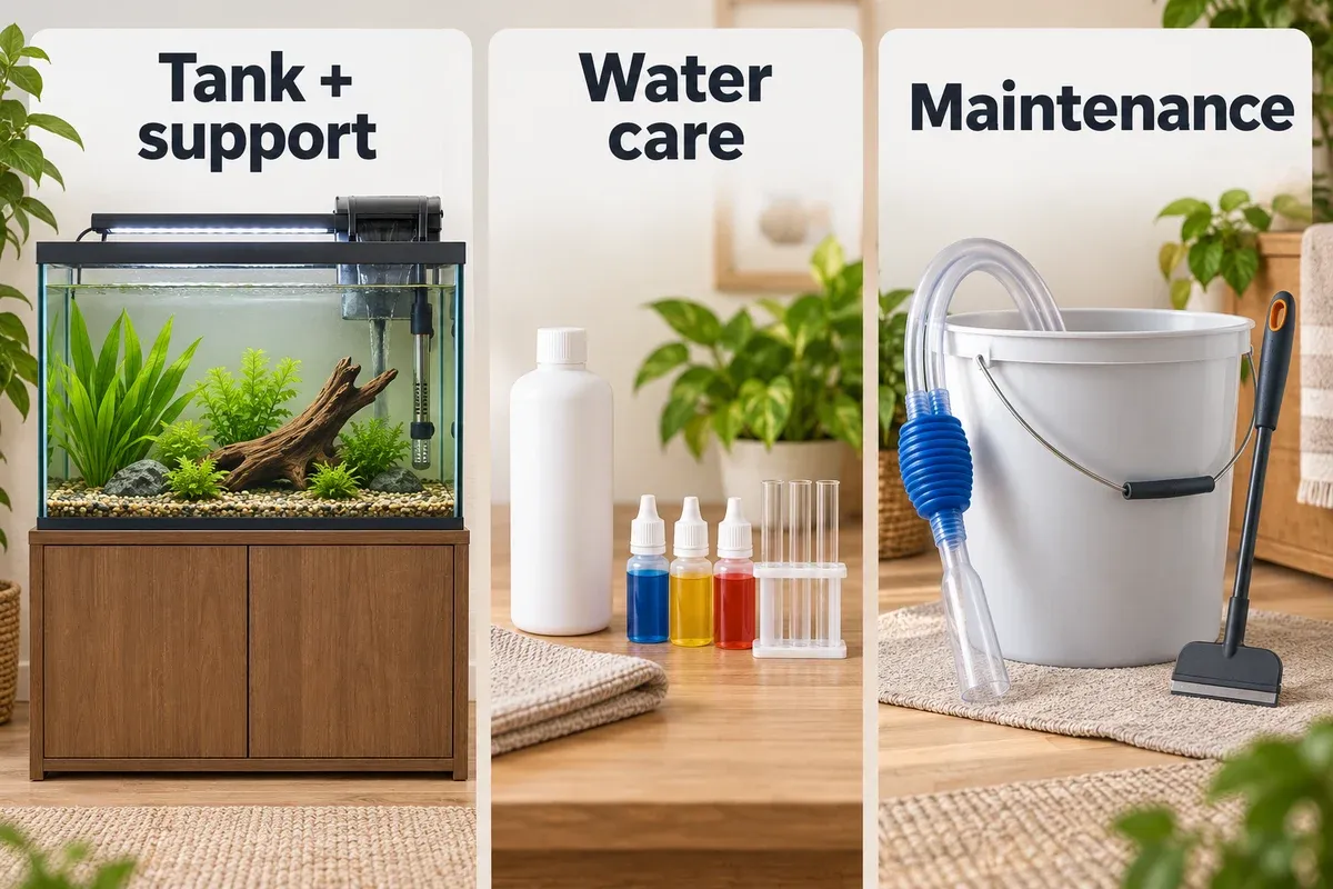 Freshwater aquarium on a full-footprint stand, beside water-testing supplies and dedicated maintenance tools.