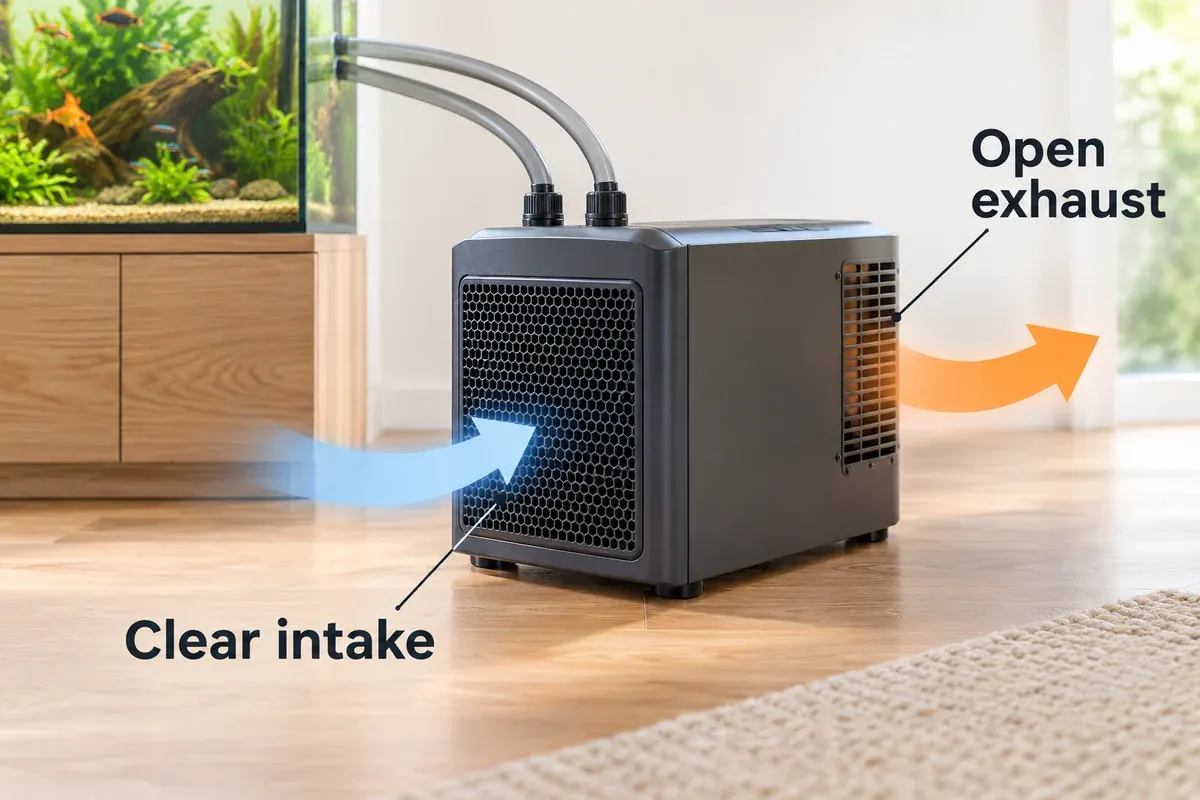 A generic external aquarium chiller has unobstructed space in front of its intake and behind its exhaust.