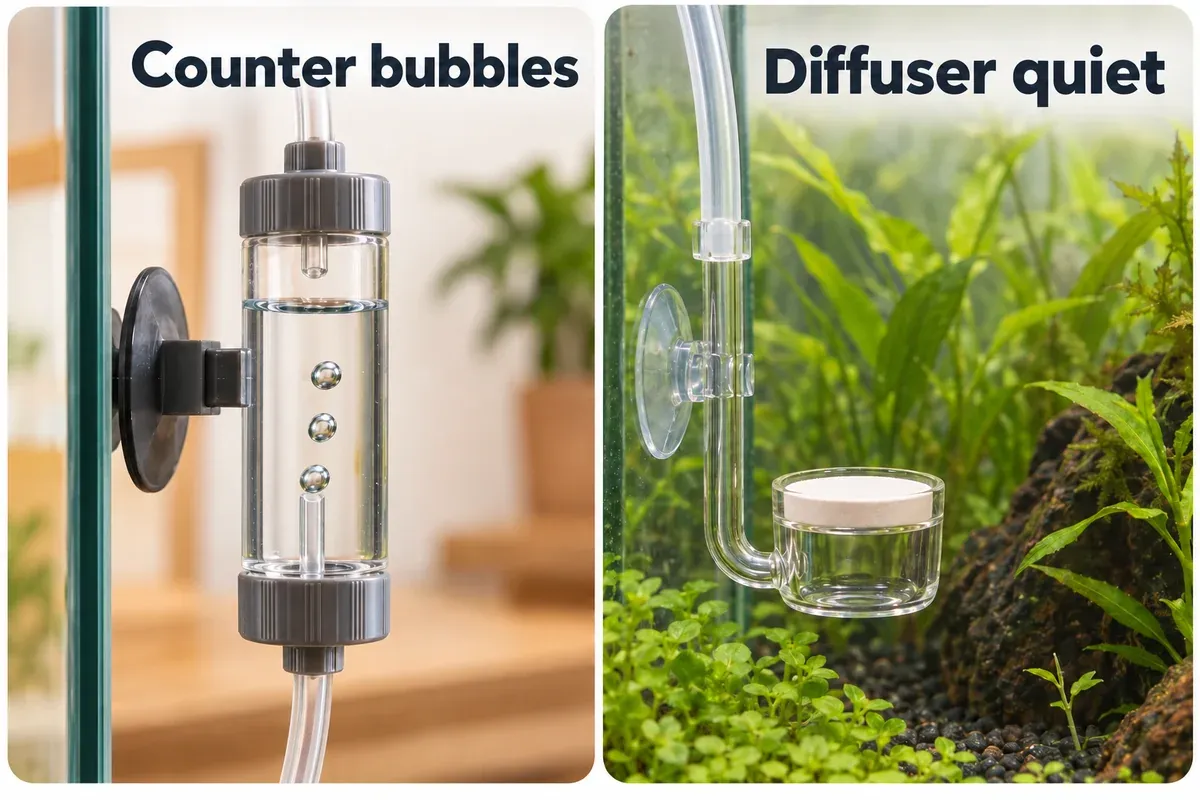 A filled CO₂ bubble counter is bubbling, while a separate submerged ceramic diffuser produces no visible bubbles.