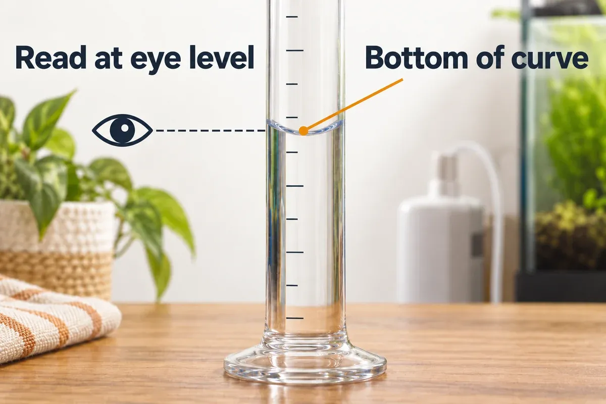A measuring cylinder with a concave liquid meniscus and an eye-level guide aligned to the bottom of the curve.