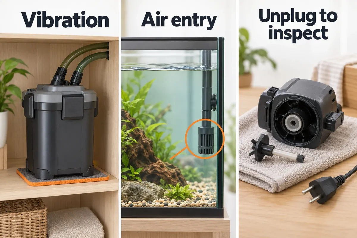 Three aquarium-filter noise checks: dry-side vibration contact, submerged intake, and unplugged impeller inspection.