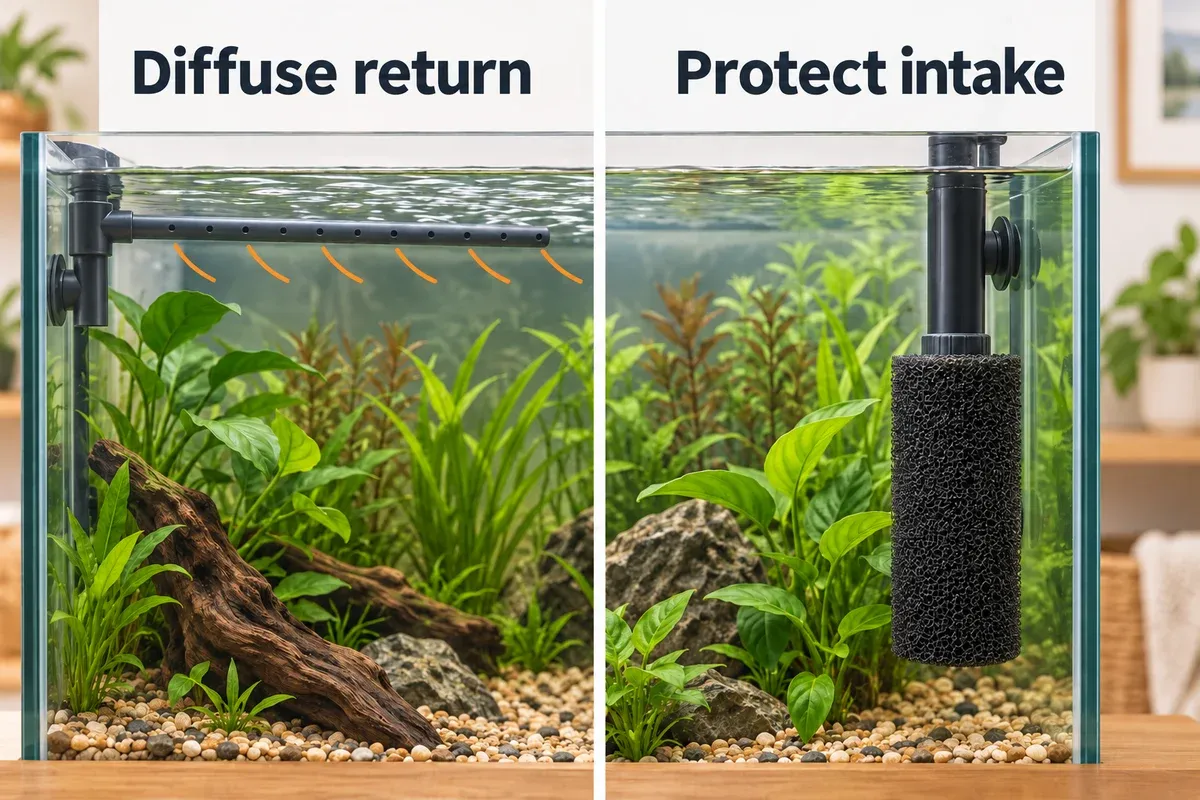 Two different flow adjustments: a submerged spray bar distributing the return and a coarse sponge covering an intake strainer.