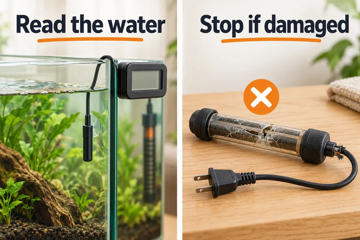 An independent thermometer in aquarium water beside a separate close-up of a damaged heater removed from service.