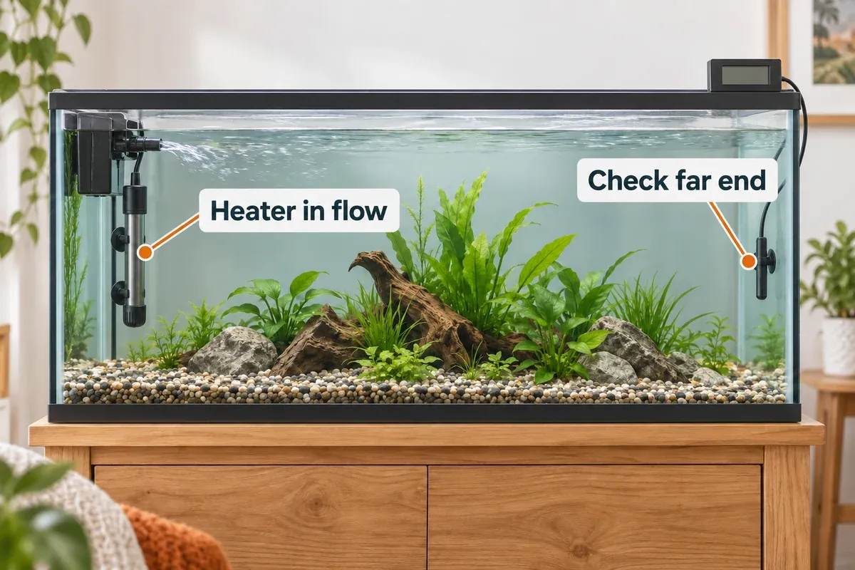 An aquarium heater near the filter return is separated from a thermometer probe at the far end of the tank.