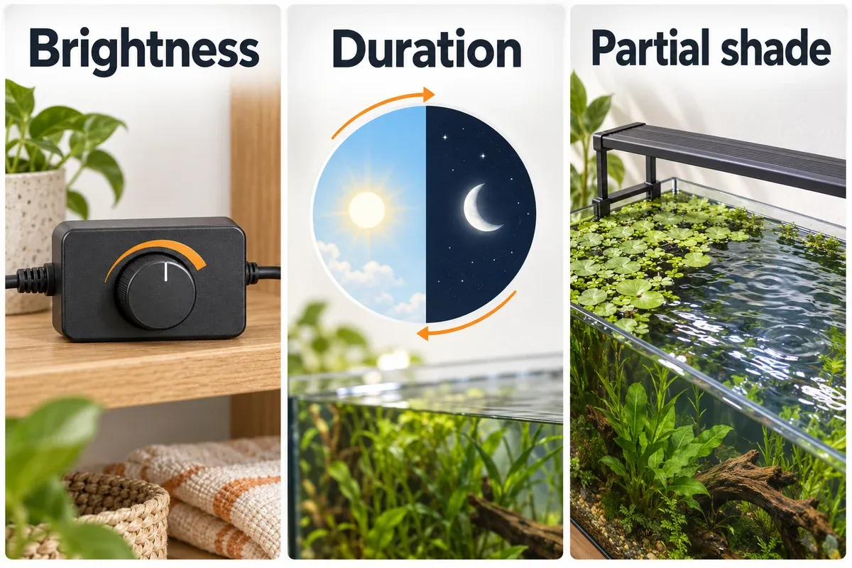 Three aquarium lighting controls: a brightness dial, a day-and-night schedule, and partial floating-plant shade.