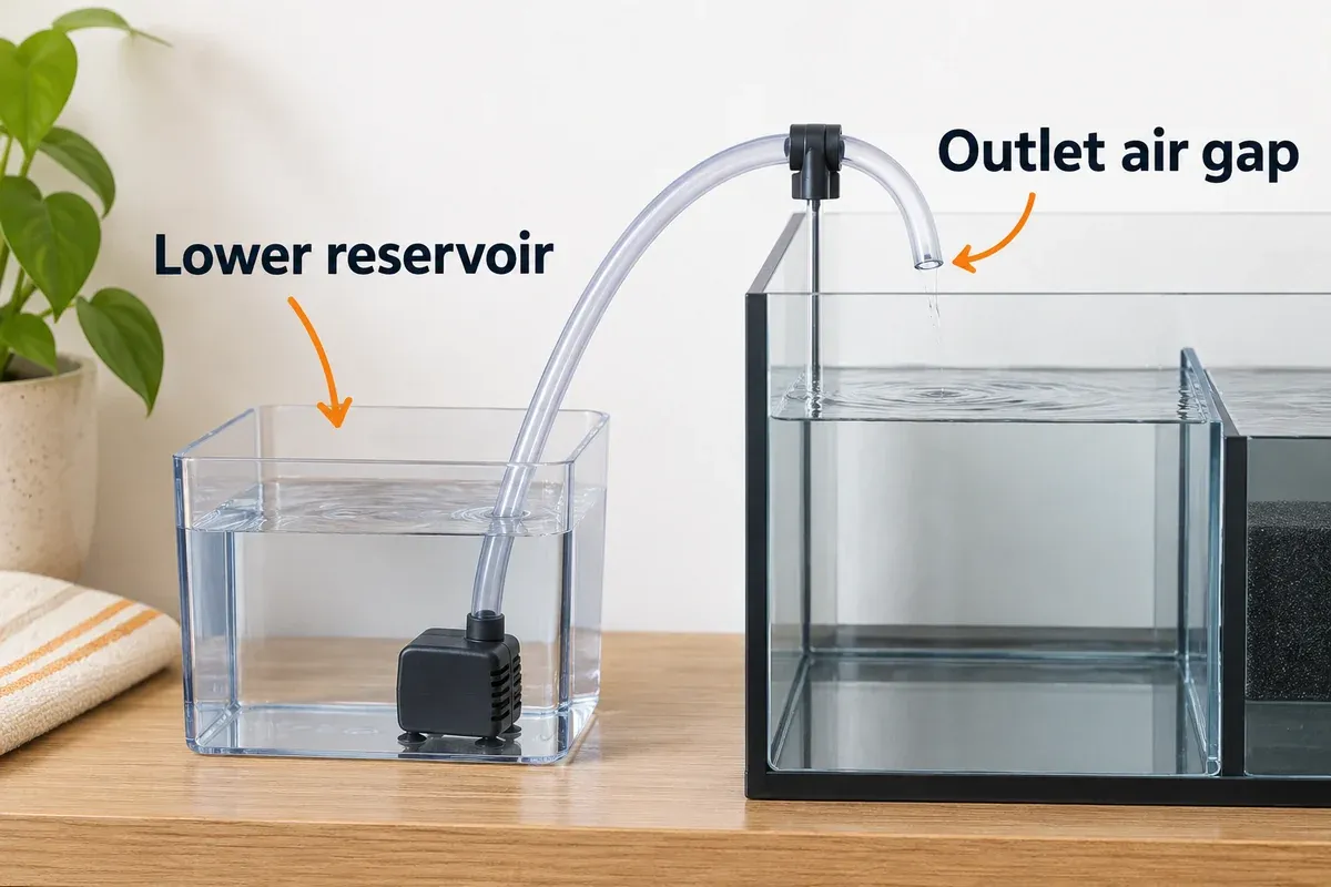 A lower ATO reservoir feeds a securely held hose outlet above the sump rim, leaving an air gap.