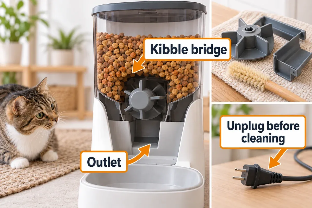 Generic feeder cutaway showing kibble bridging above the outlet and removable parts for dry cleaning.