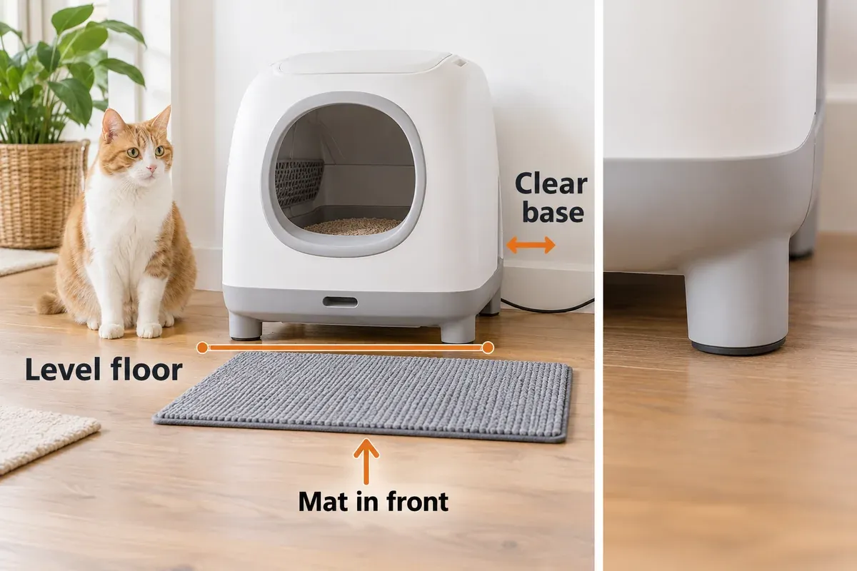 Automatic litter box on a level floor with clear feet and a mat placed in front of the entrance.