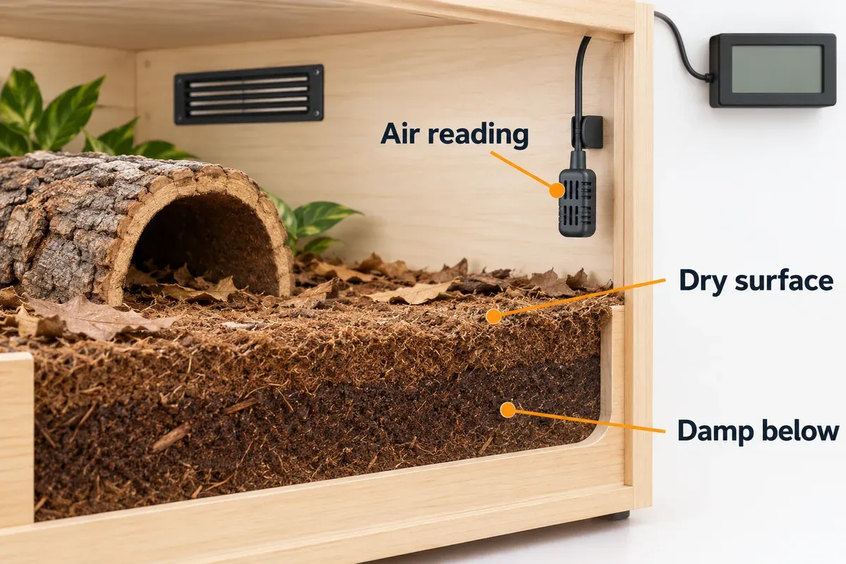 Qualitative substrate example with a dry contact surface, moisture below and an air-humidity sensor.