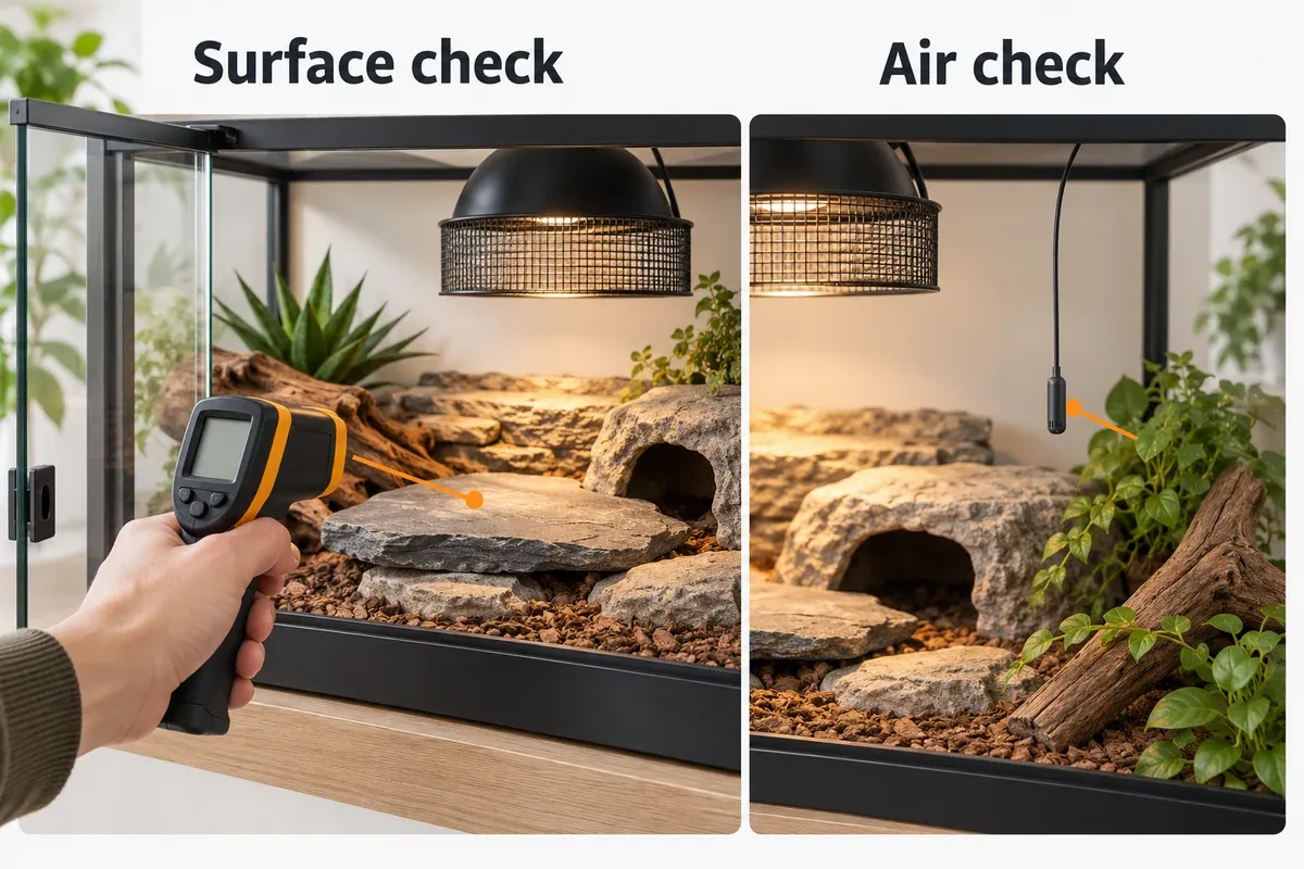 Infrared thermometer aimed at an exposed basking surface and a separate probe measuring shaded air.