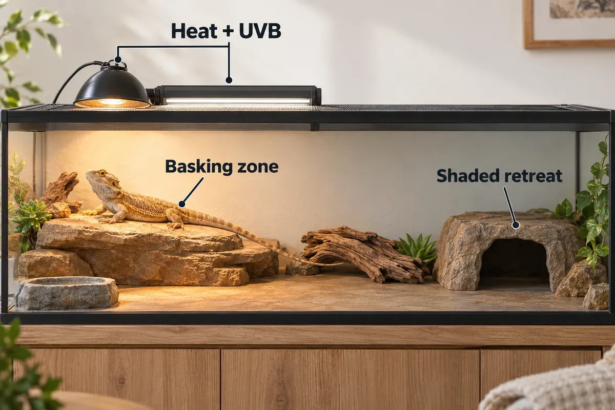 Bearded dragon lighting example with heat and linear UVB over the basking end and a shaded retreat opposite.