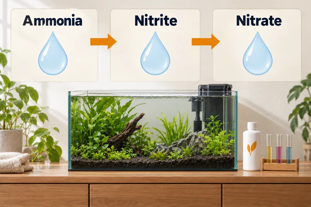 Conceptual nitrogen-cycle sequence showing ammonia becoming nitrite and then nitrate, above a fishless aquarium and test supplies.