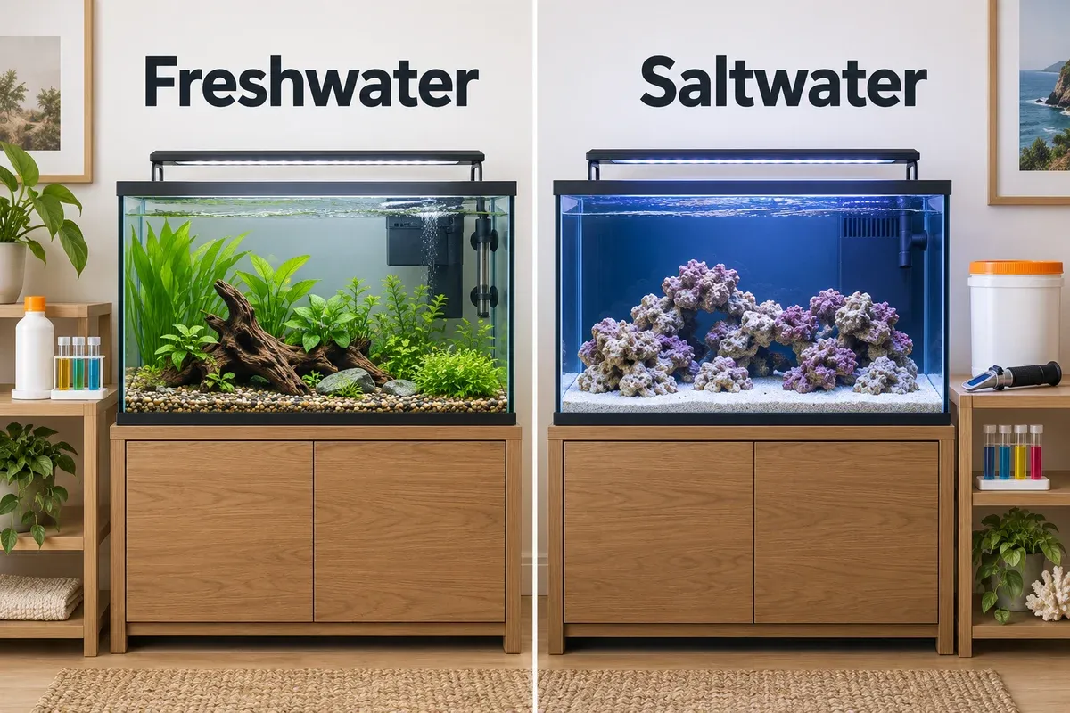 Freshwater setup with green plants and conditioner, compared with a fishless marine setup with rockwork, salt mix and salinity-testing tools.