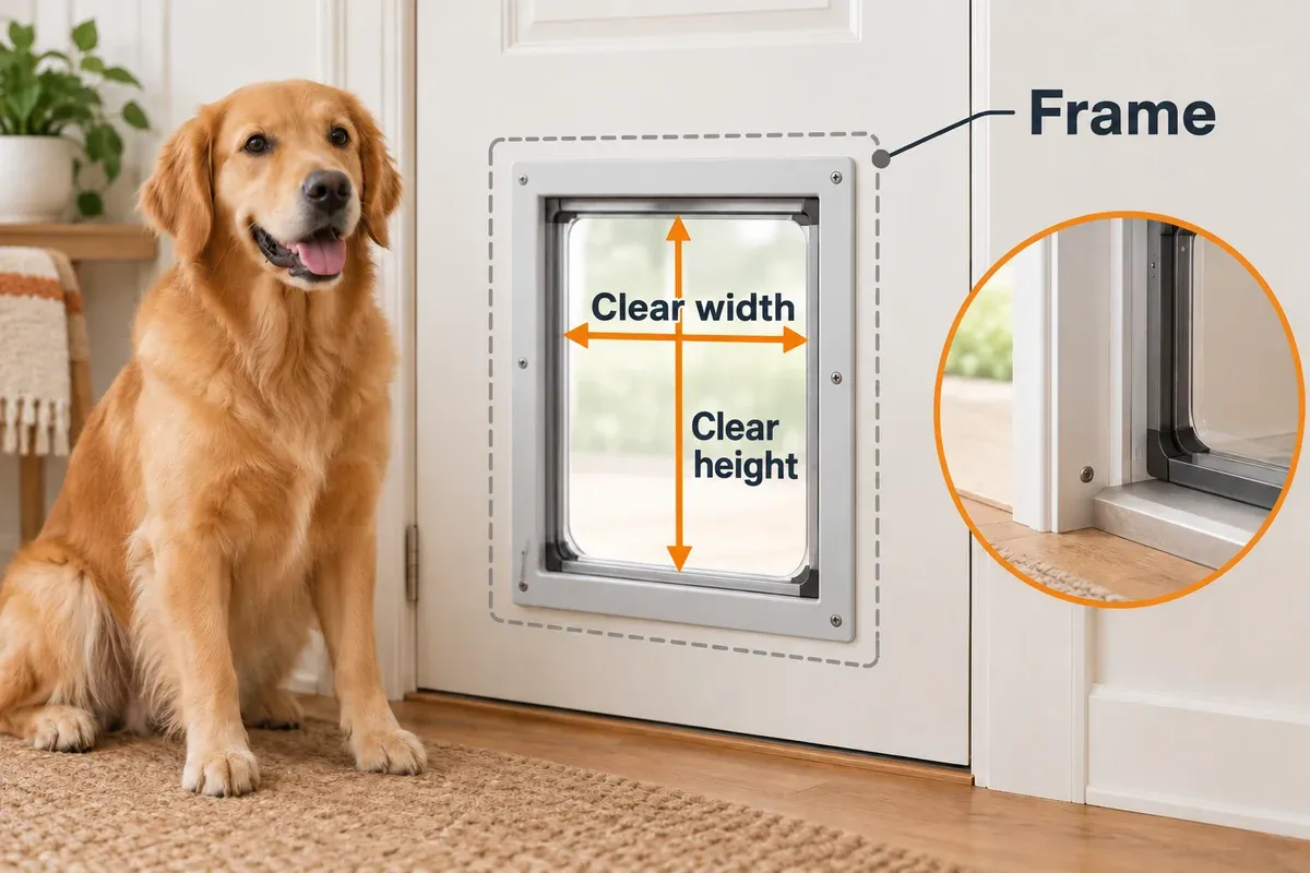 Dog-door illustration distinguishing the usable opening from the outside frame.