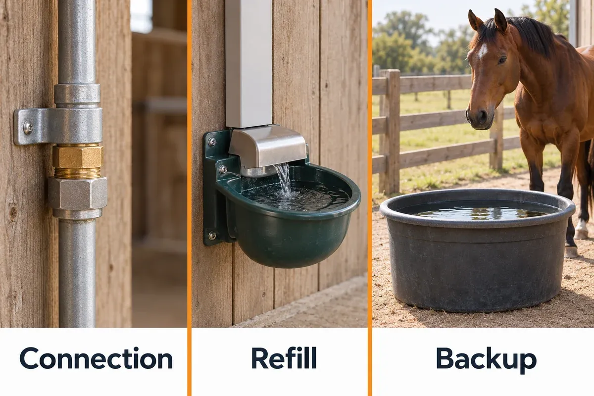 Waterer selection checks showing a supply connection, a refilling bowl and a separate clean backup tub.