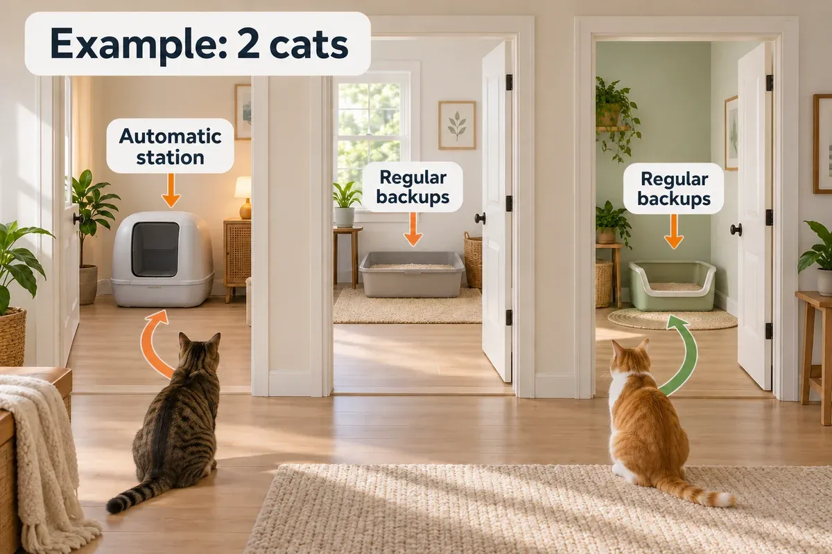 Example for two cats with one automatic litter box and two regular boxes in separate locations.