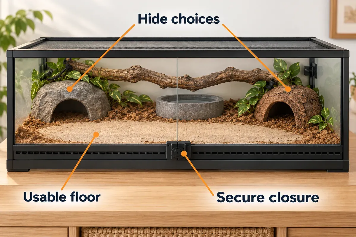 Generic snake enclosure highlighting usable floor, separate hide choices and a secure front closure.