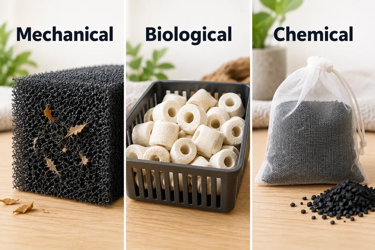 Three filter-media functions shown separately: foam for mechanical filtration, porous ceramic media for biological filtration, and bagged carbon for chemical filtration.