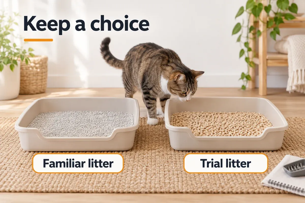 Two matching open litter boxes offering familiar litter and a trial litter without removing the old option.