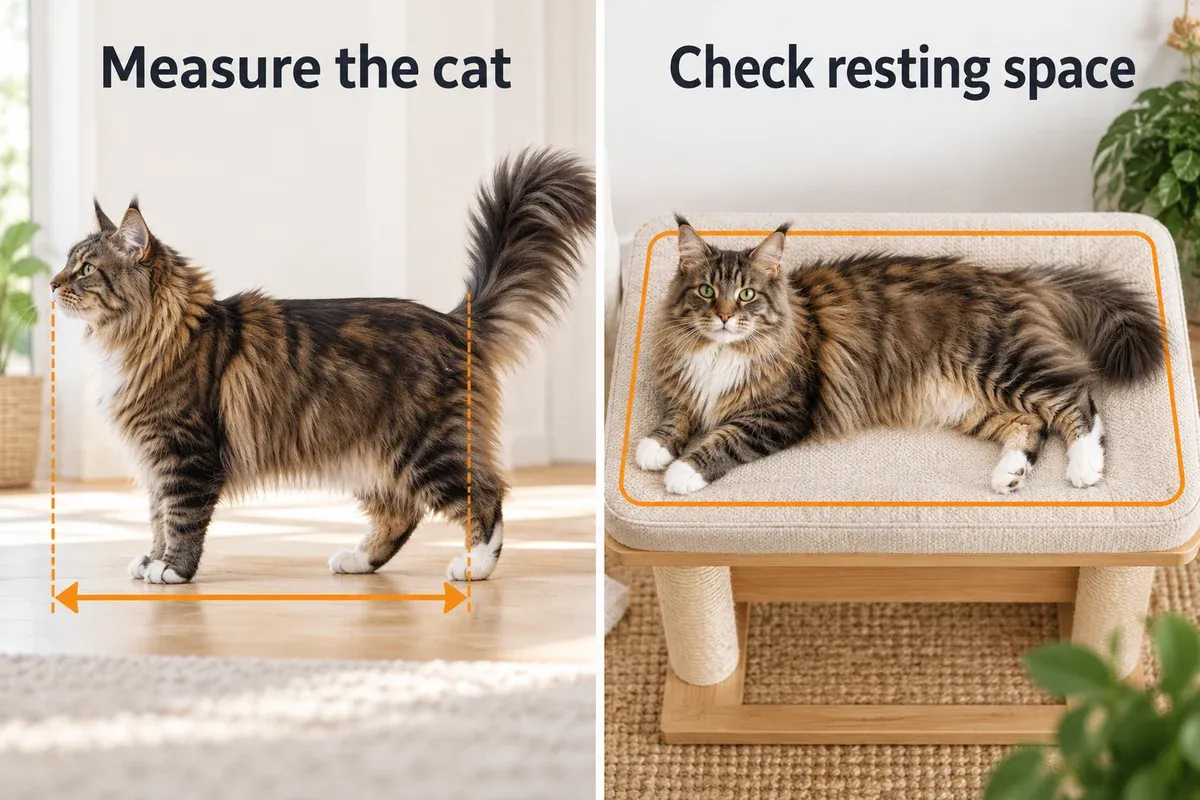 Maine Coon body-length measurement beside a broad perch supporting the cat’s relaxed sleeping posture.