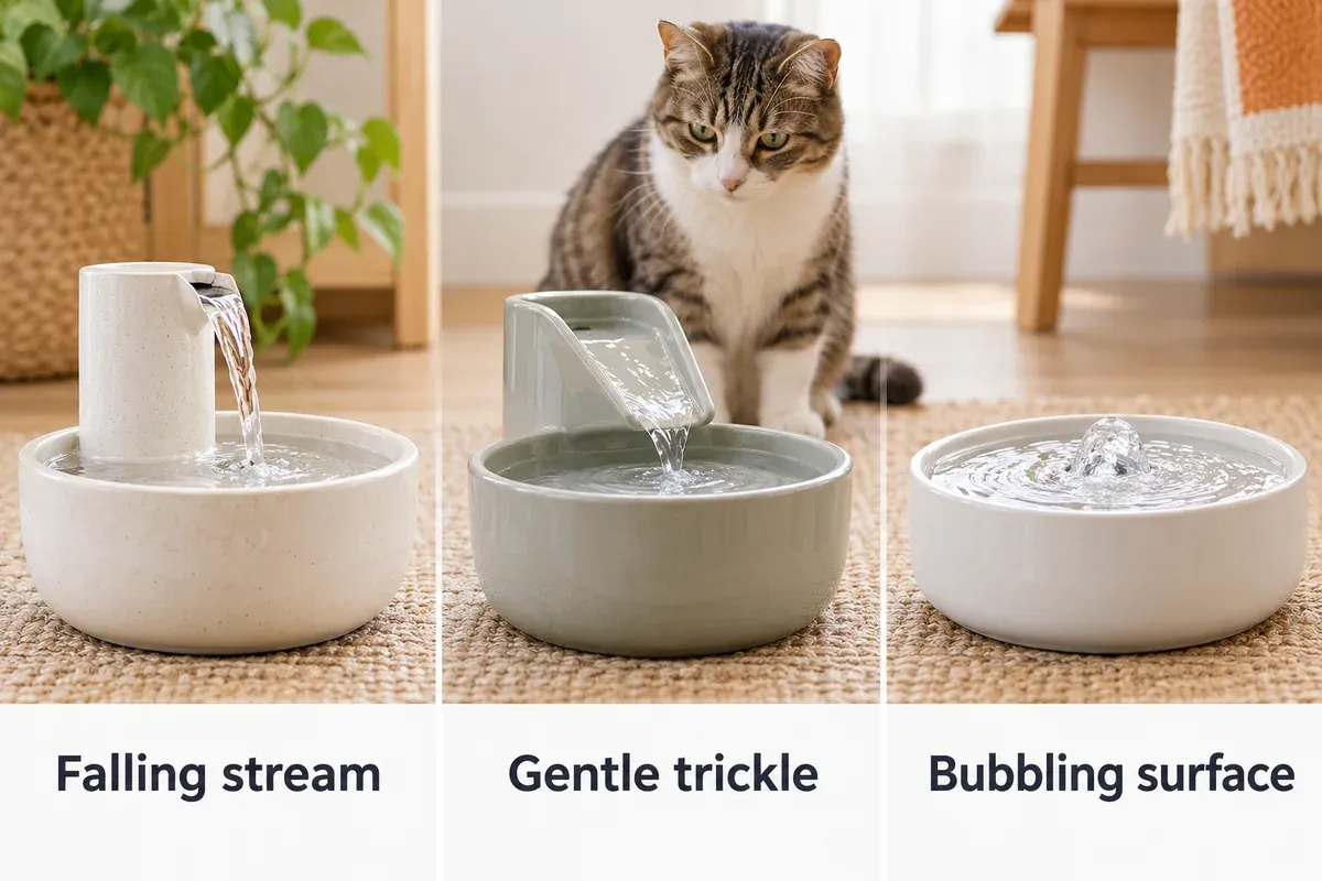 Three generic fountain flow styles: falling stream, gentle trickle, and a bubbling surface.