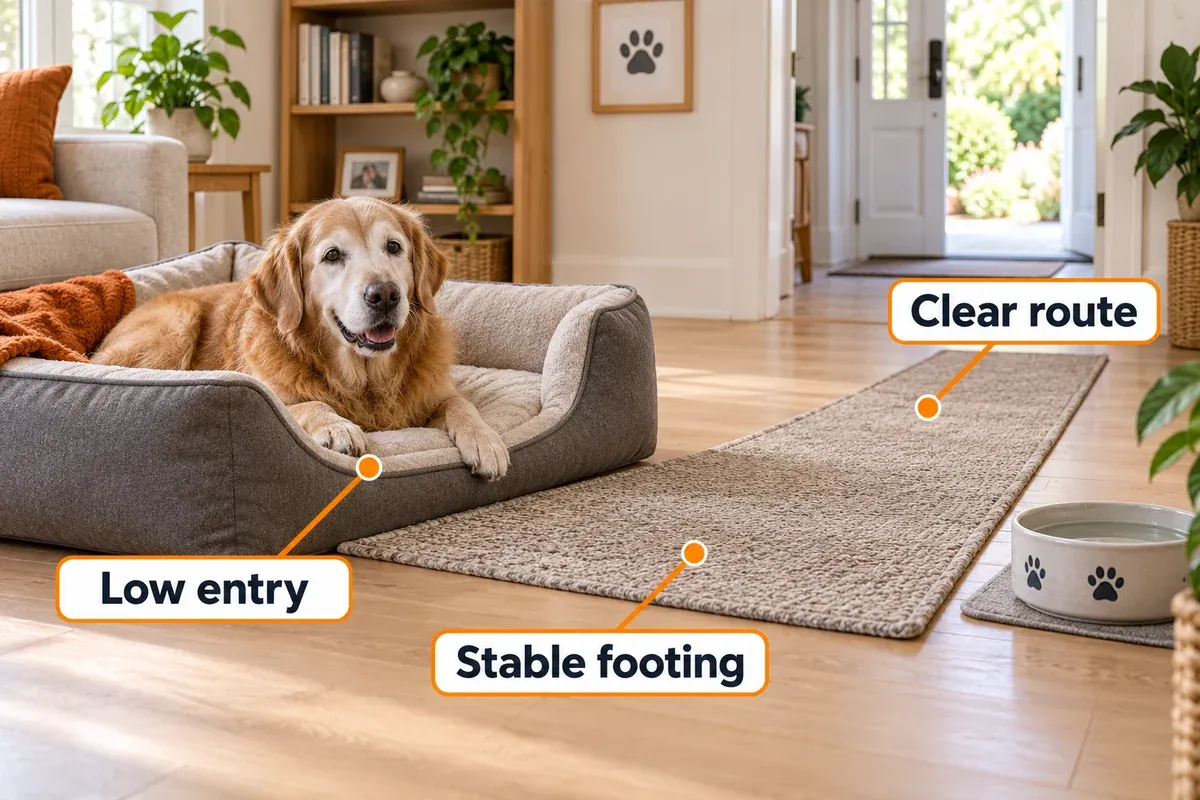 Low-entry dog bed on a flat non-slip runner with a clear route to water.