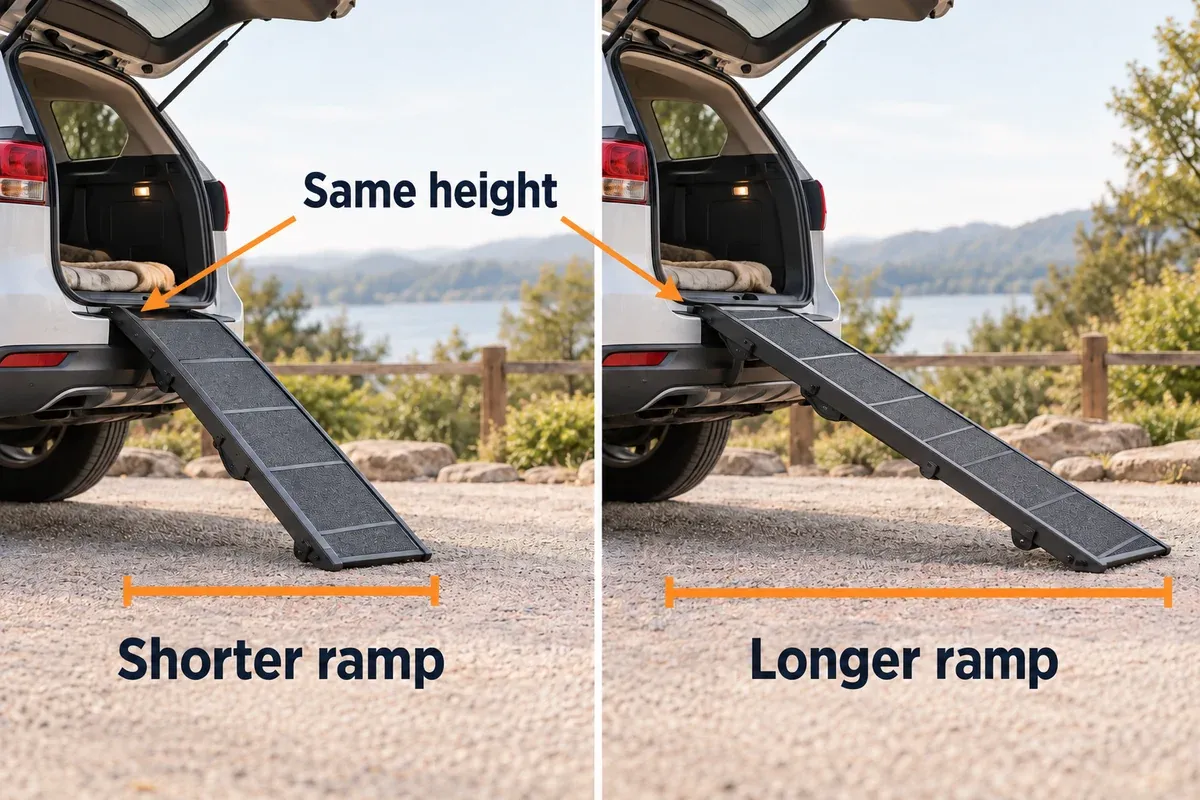 Two ramps reaching the same vehicle height, with different slopes and ground footprints.