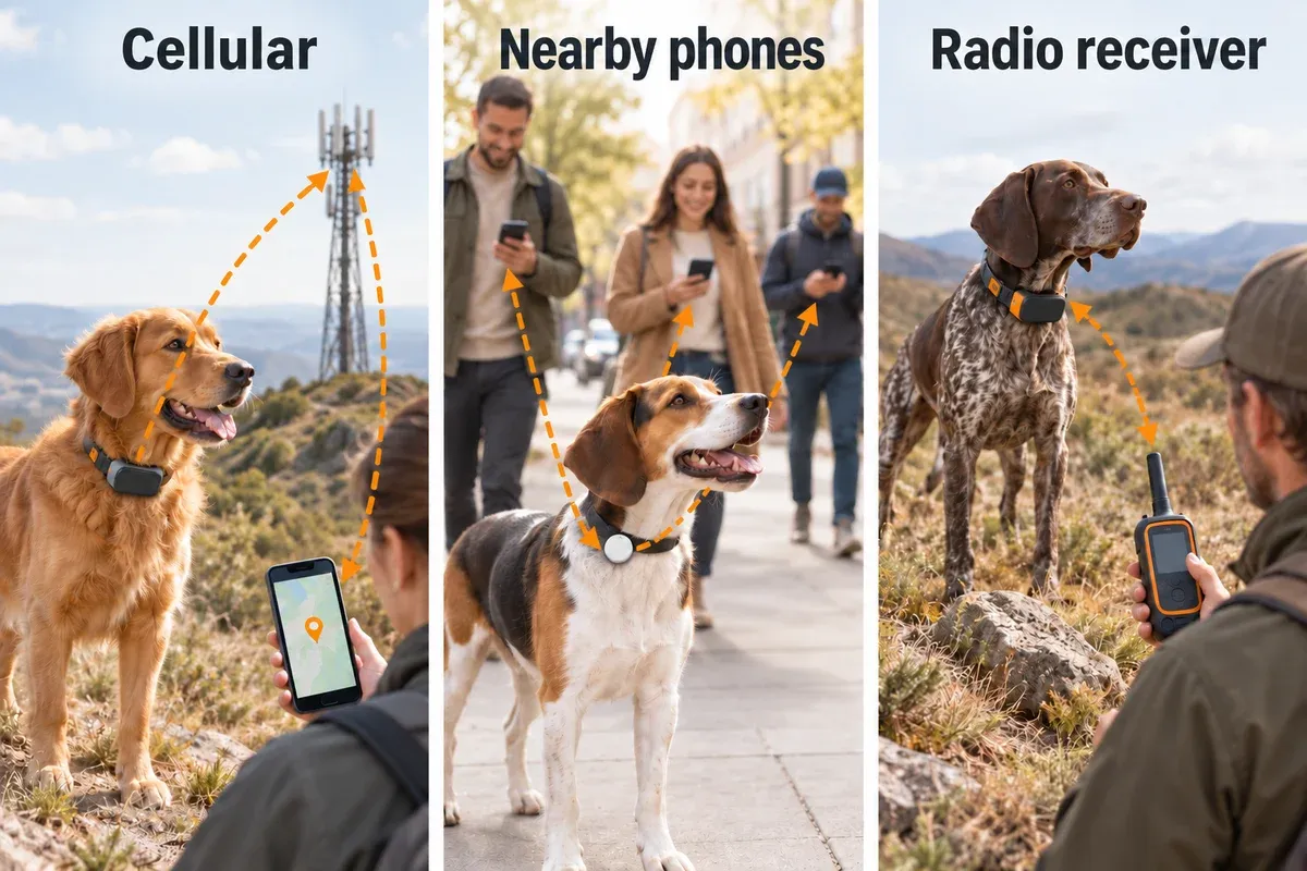 Three tracking concepts using cellular service, nearby phones and a matching radio receiver.
