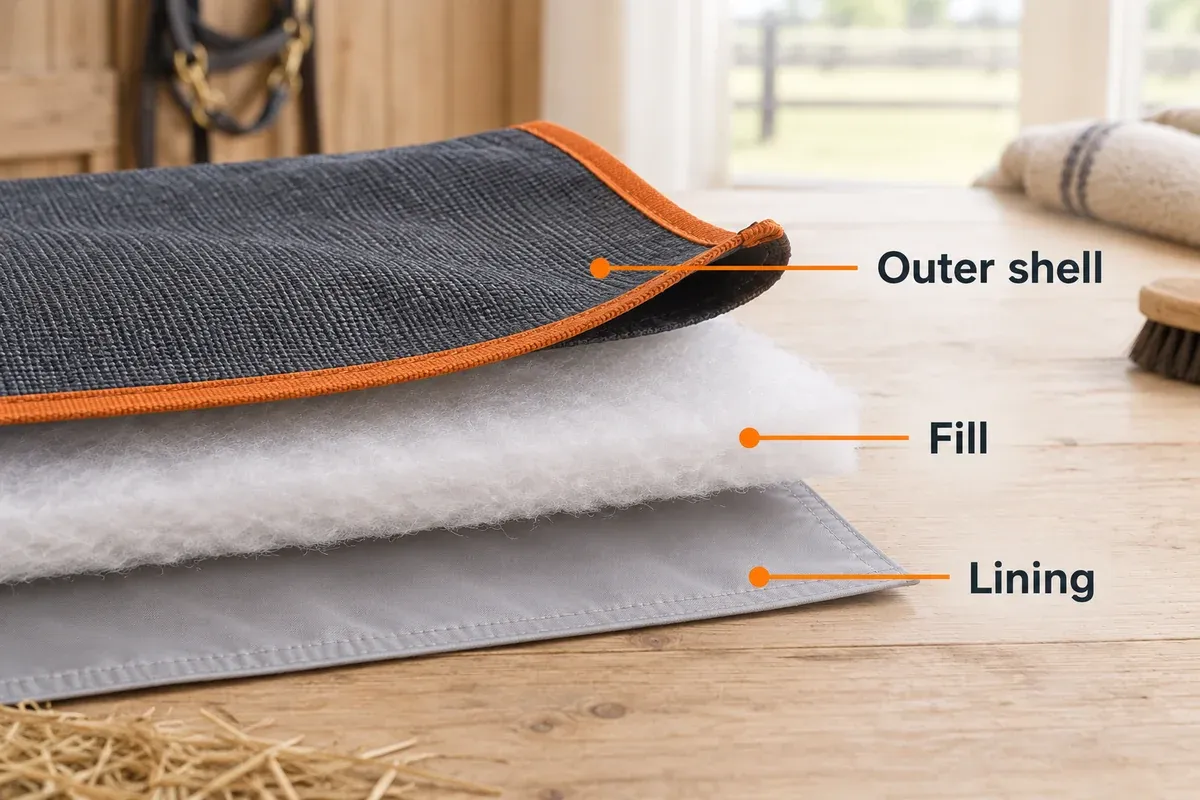 A horse-blanket fabric sample with separate outer shell, insulating fill and smooth lining layers.
