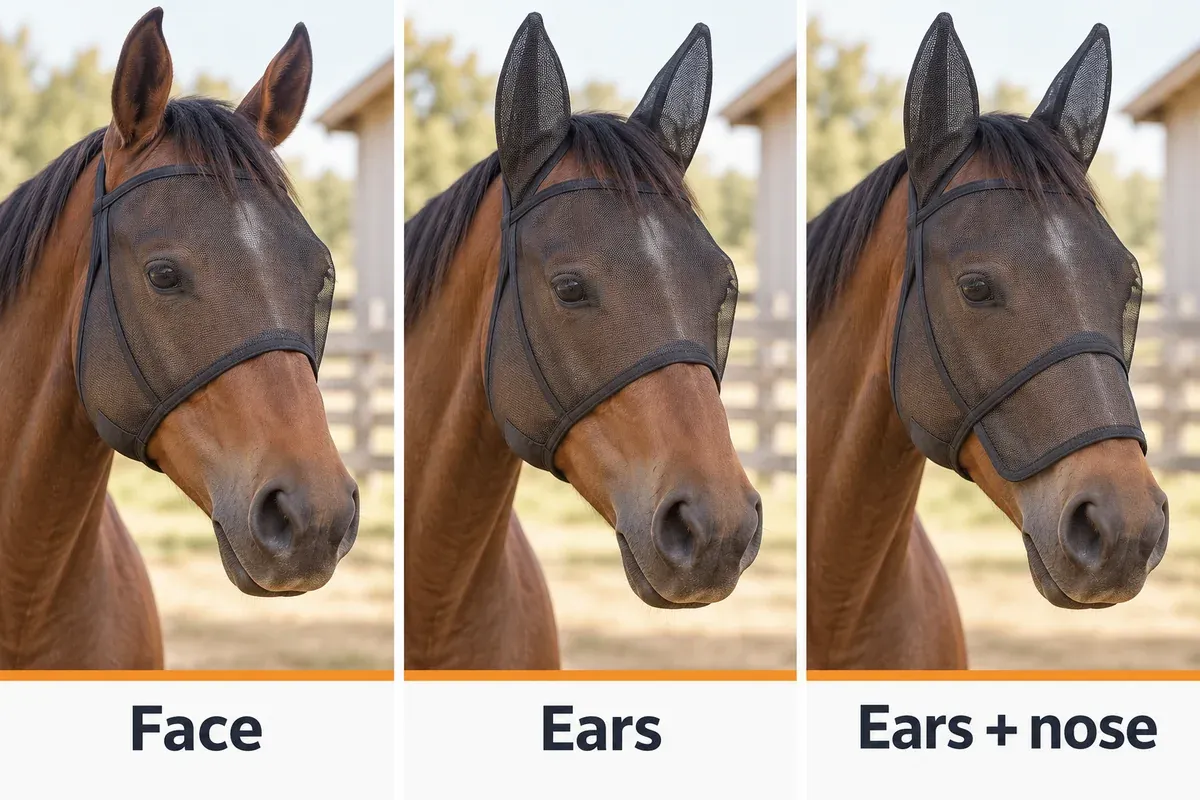Three generic fly masks compared on horse heads: face only, face and ears, and face with ears and a nose flap.