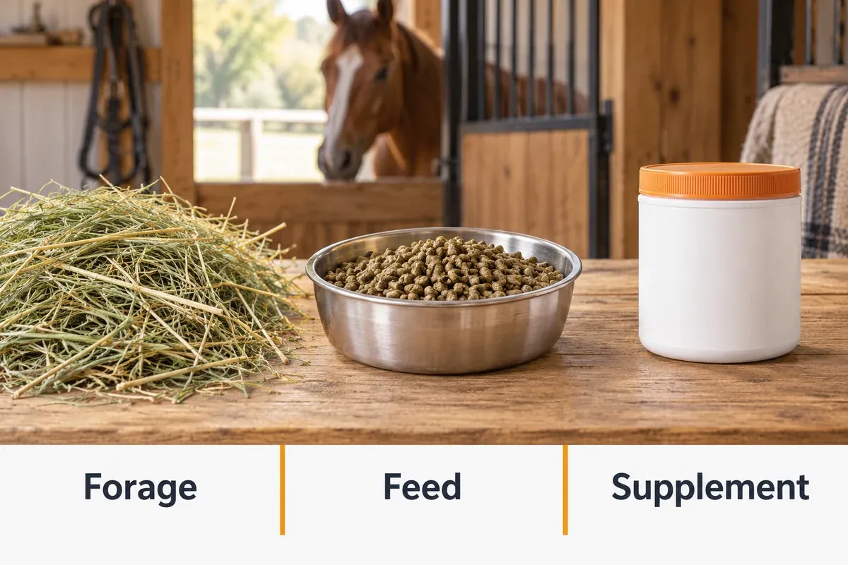 Forage, a bowl of base-feed pellets and an unbranded supplement tub shown as separate parts to review in a horse ration.