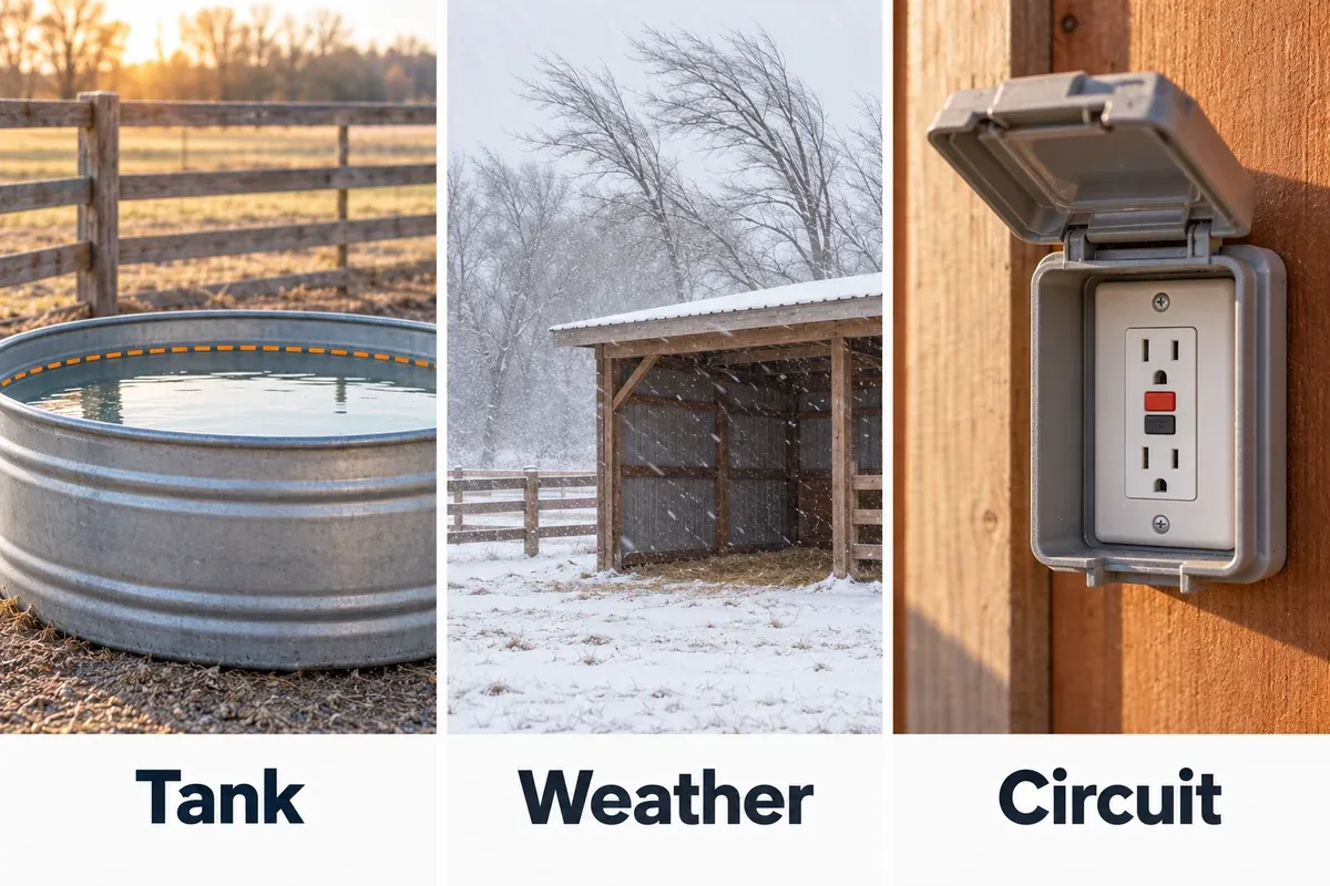 Three heater selection checks: the filled tank, its winter exposure and a dry protected electrical receptacle.