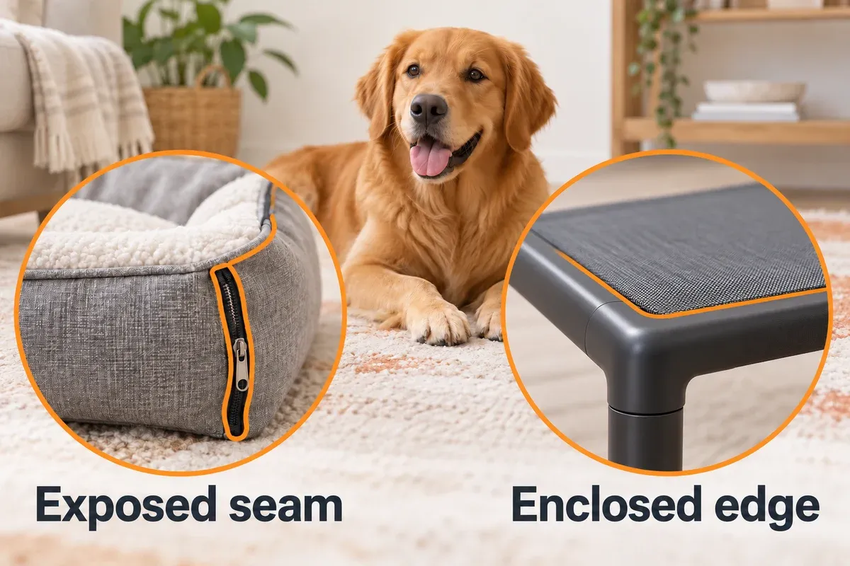 Bed-edge comparison showing an exposed fabric seam and fabric secured inside a frame.