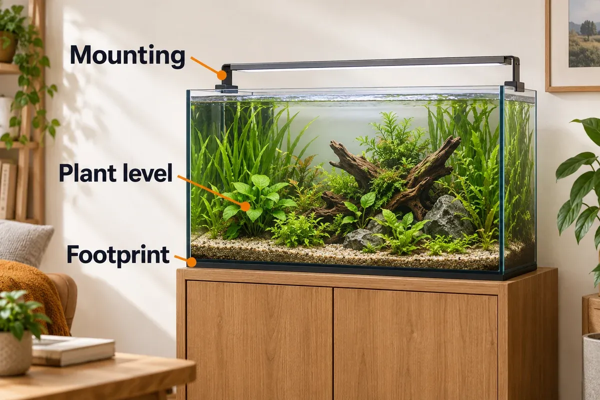Planted aquarium with a securely mounted LED fixture and callouts marking the tank footprint, mounting brackets, and plant-level light.