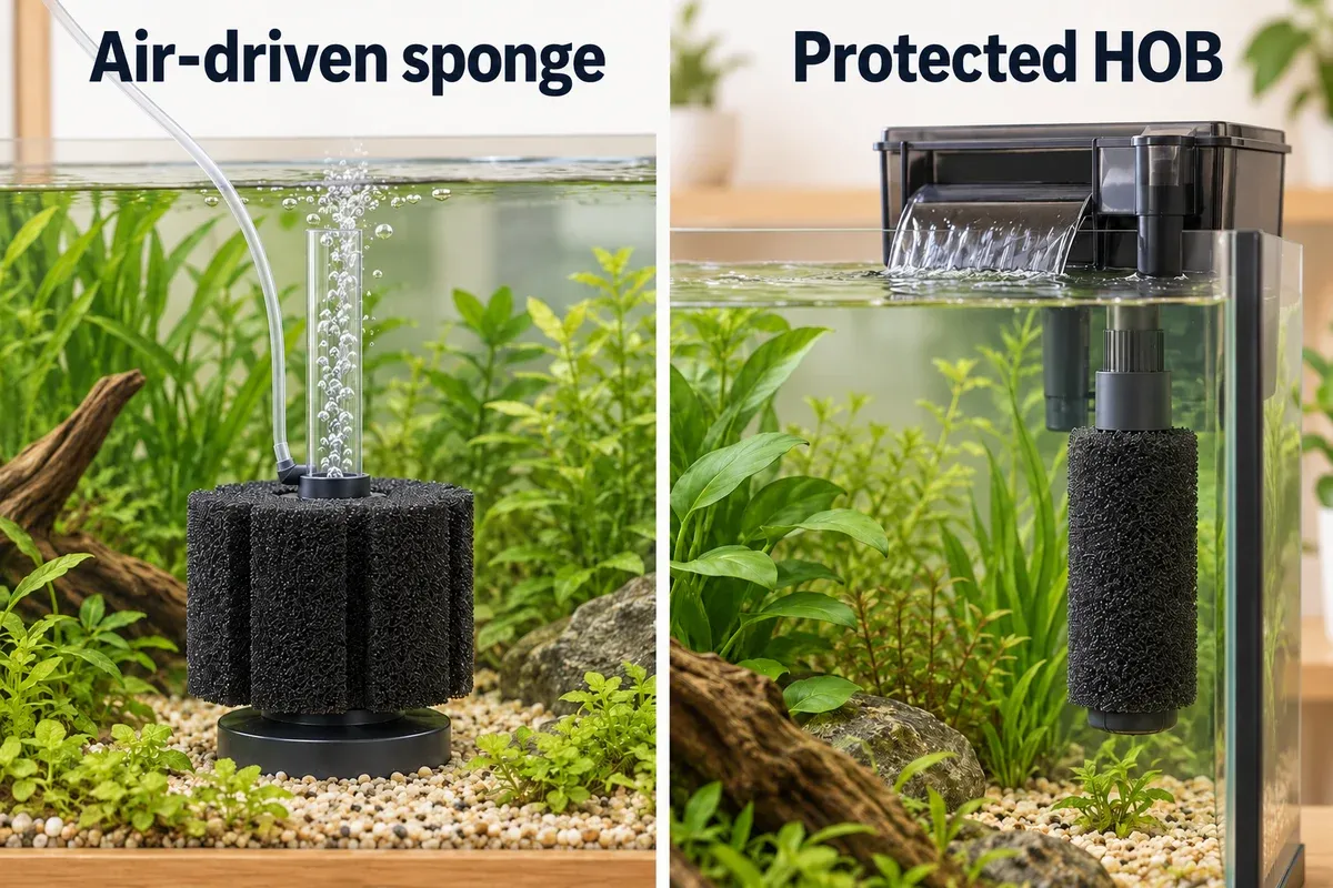 Air-driven sponge filter with a gentle bubble column, compared with a hang-on-back filter using a fully sponge-covered intake and diffused return.