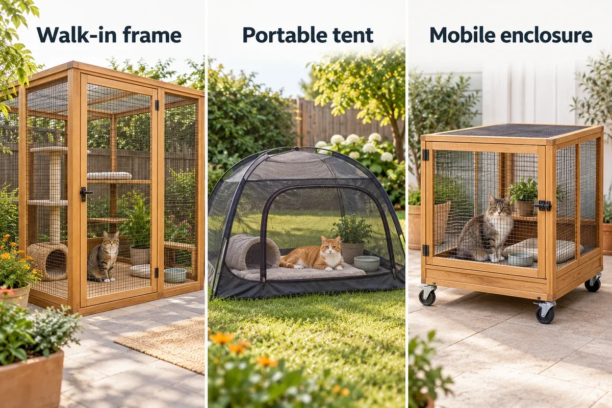Three generic catio types: wooden walk-in frame, portable mesh tent, and secured mobile enclosure.