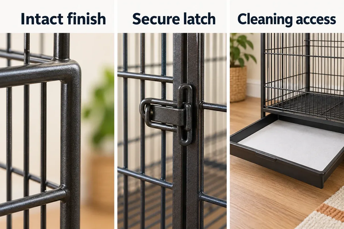 Three cage inspection details show intact finish, a secure closed latch, and a removable tray with room to slide out.