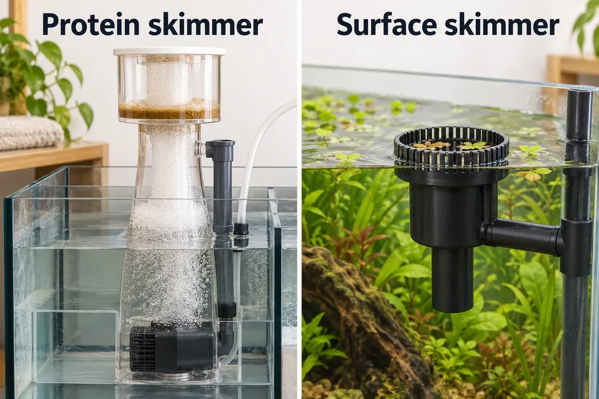 Protein skimmer collecting foam in a cup, compared with a compact surface skimmer drawing the surface film into its intake.