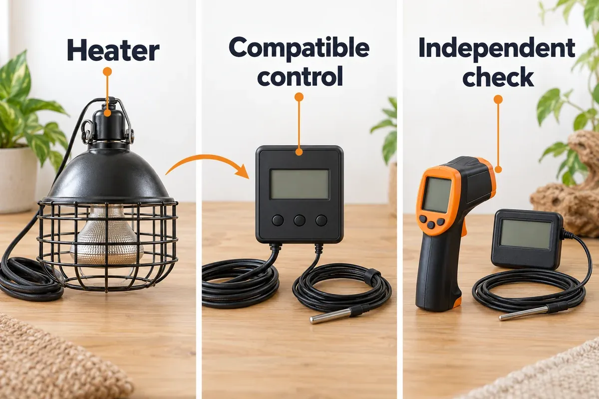 Generic heater, matching control and independent temperature tools shown as separate parts of a measured setup.