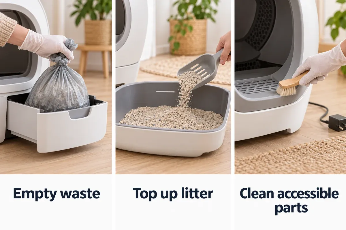 Three ongoing automatic litter-box tasks: waste removal, litter top-up and dry cleaning of accessible parts.