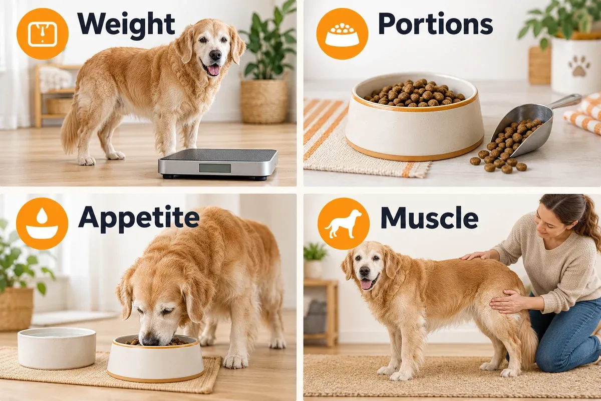 Senior-dog nutrition record showing weight, portions, appetite and muscle observations.