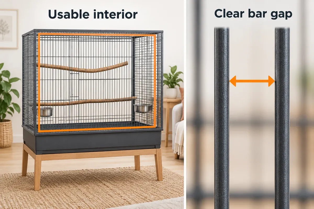 A rectangular bird cage illustrates usable interior space beside a close-up of the clear gap between two bars.