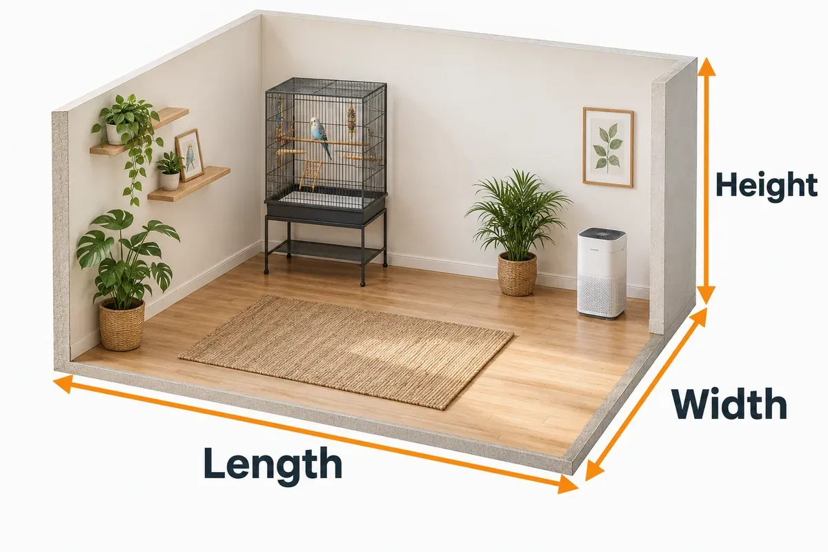 A cutaway bird room with arrows showing its full length, width, and floor-to-ceiling height.
