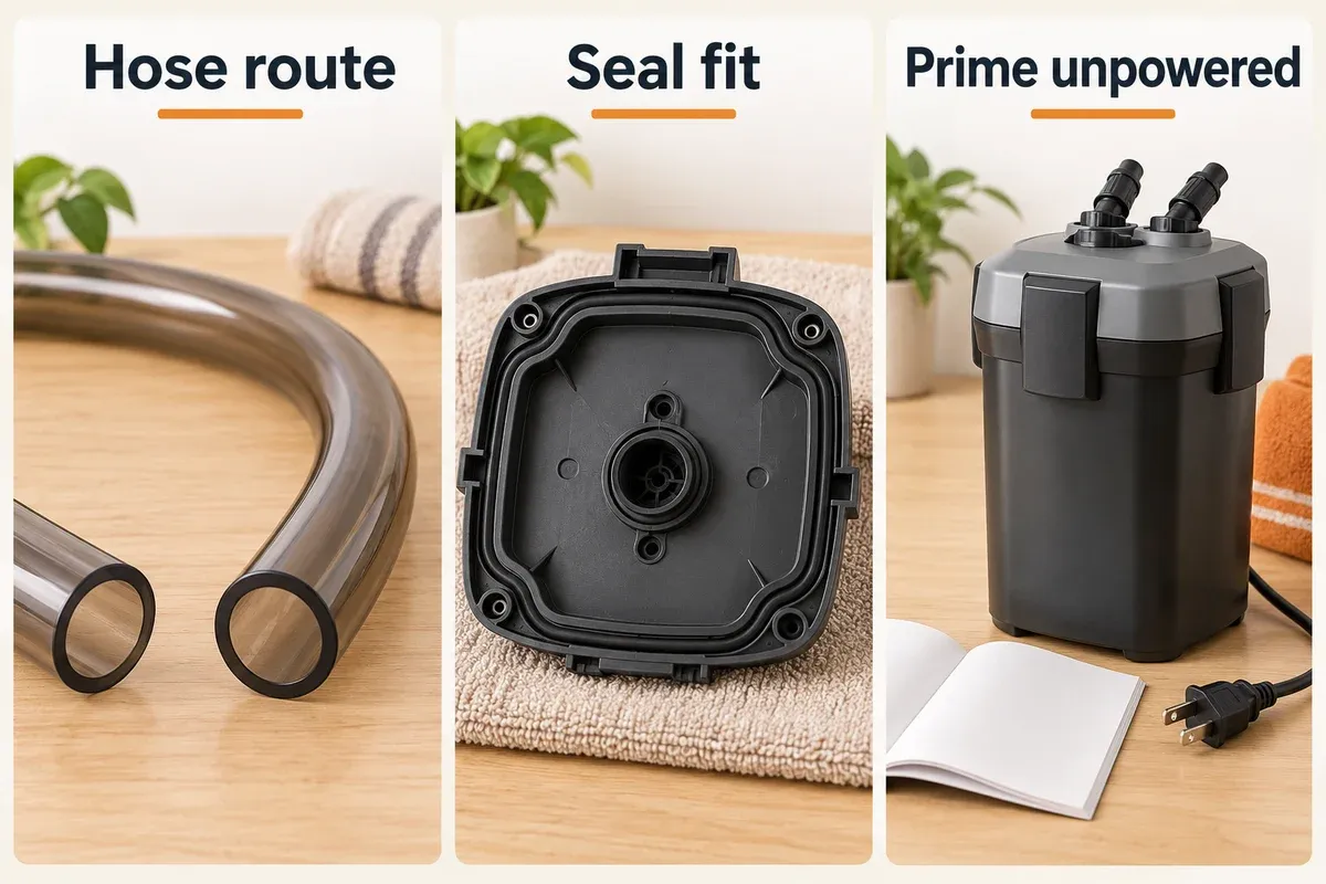 Three close-ups show an aquarium hose with a smooth bend, a clean gasket seated in a canister-filter lid, and a closed canister beside its disconnected power plug and manual.