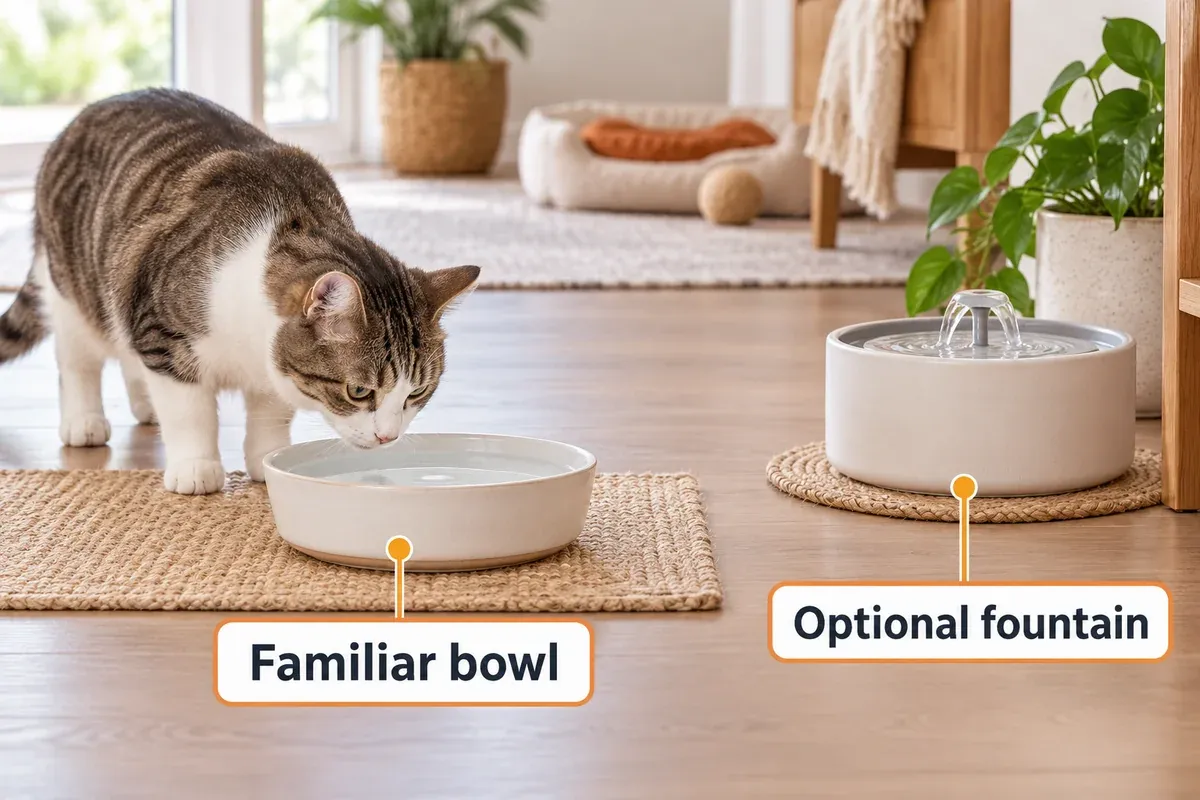 Cat offered a familiar fresh-water bowl and an optional fountain in quiet accessible locations.