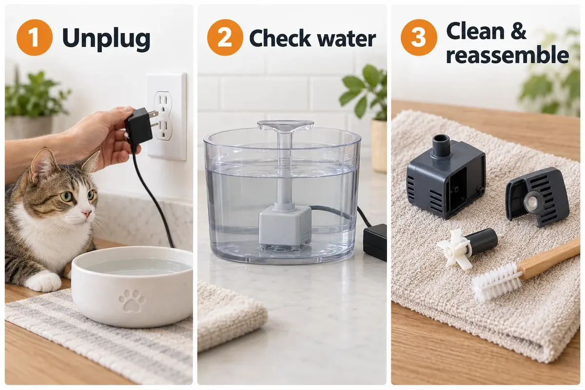 Three fountain checks: unplug the unit, cover the pump with water, and clean removable pump parts.