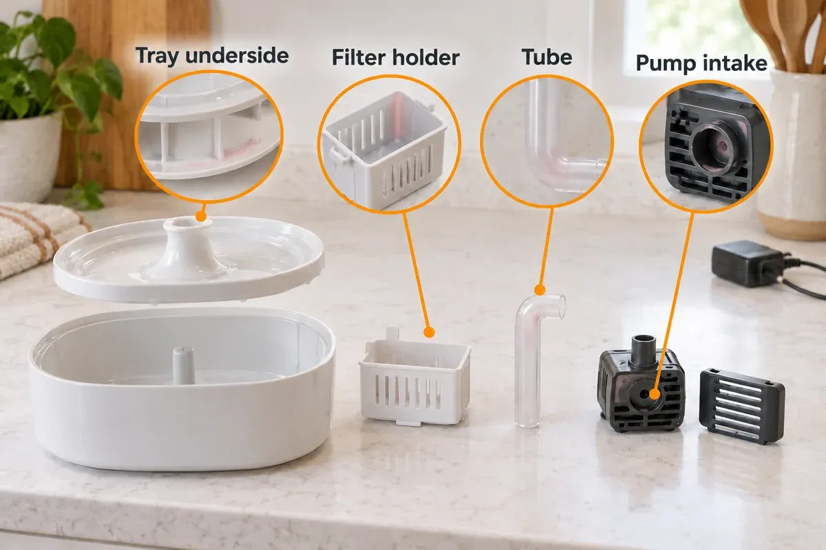 Disassembled generic fountain with callouts to the tray underside, filter holder, tube and pump intake.