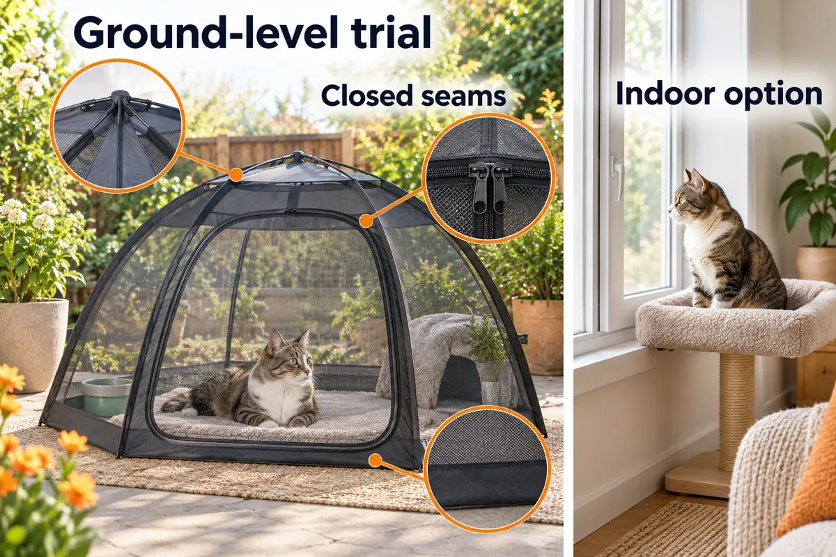 Closed portable cat enclosure on a ground-level patio beside an indoor window-perch option.