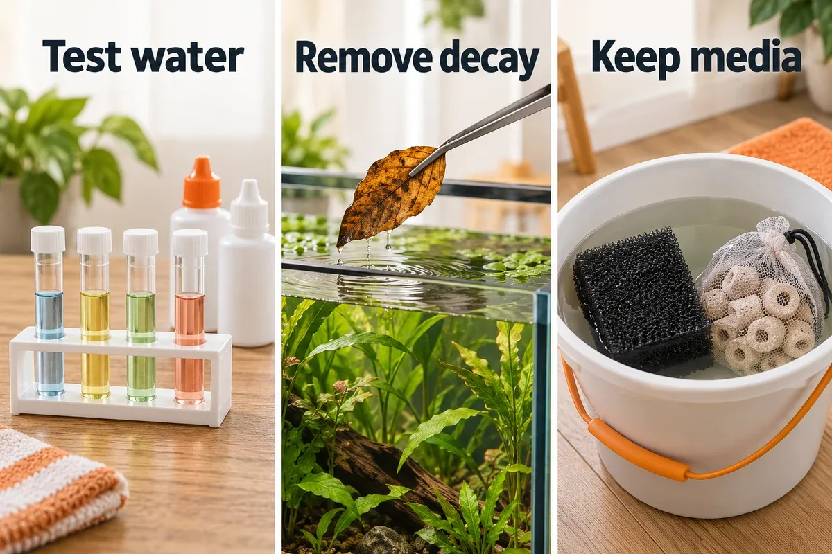 Three aquarium-care panels show capped test vials, a decaying leaf removed with aquarium tweezers, and filter media sitting in a bucket of removed aquarium water.