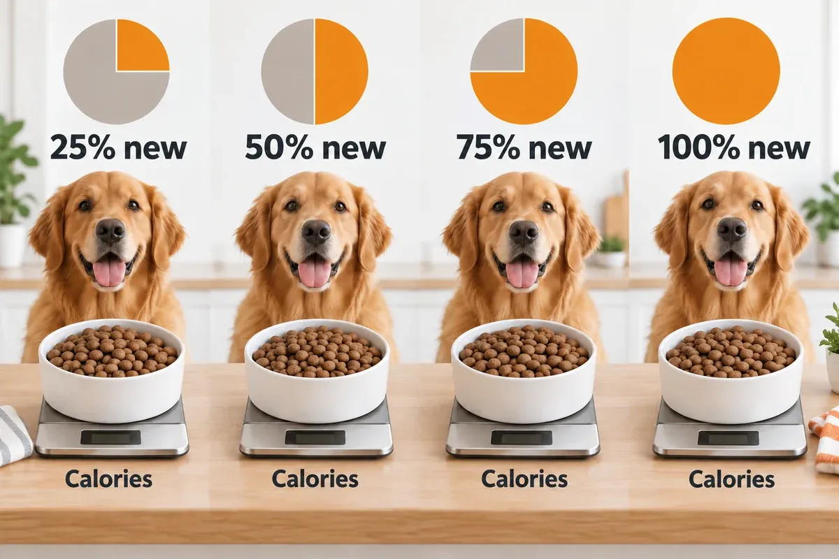 Four stages of a dog-food transition showing increasing new-food calorie share.